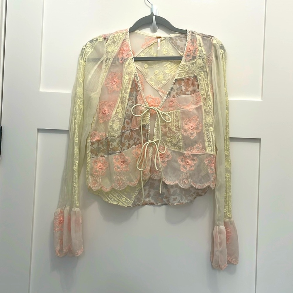 Free People Bloomfield Patchwork delicate sheer fabric tie front top